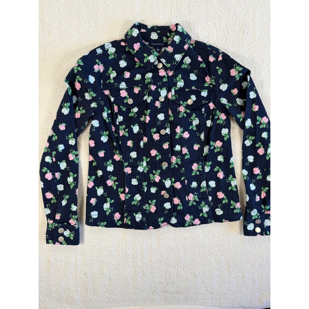 Charter Club Floral Denim Jacket Womens Small Navy Blue Hydrangea Print Jacket